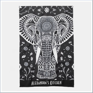 Boho Black & White Batik Elephant Tea Towel