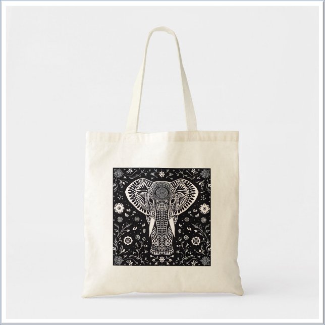 Boho Black & White Batik Elephant Tote Bag (Creator Uploaded)
