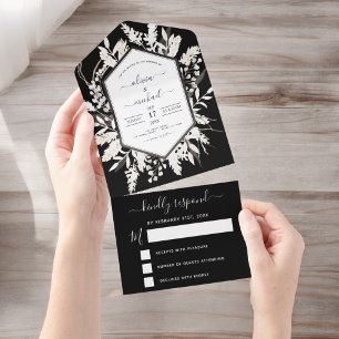 Boho Black White Beige Botanical Wedding  All In One Invitation