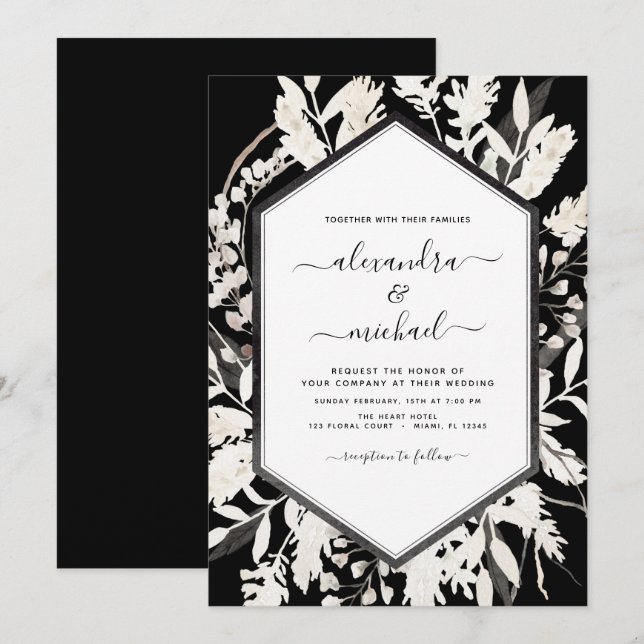 Boho Black White Beige Botanical Wedding Invitation (Front/Back)