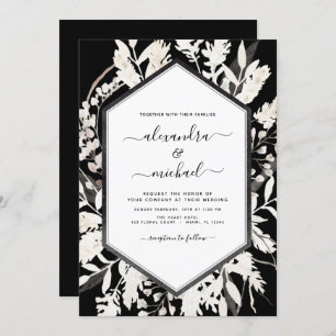 Boho Black White Beige Botanical Wedding Invitation