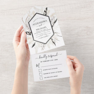 Boho Black White Beige Botanical Wedding RSVP All In One Invitation