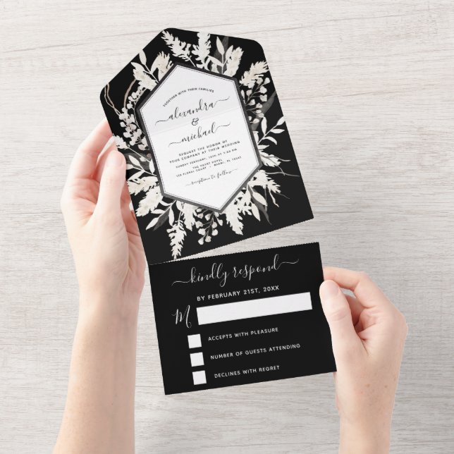 Boho Black White Beige Botanical Wedding RSVP All In One Invitation (Tearaway)