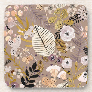 Boho Black White Gold Peach Line Drawn Leaf Floral Coaster