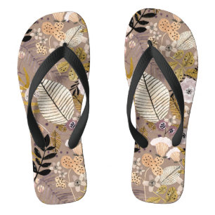 Boho Black White Gold Peach Line Drawn Leaf Floral Flip Flops