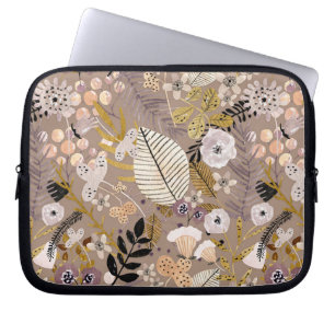 Boho Black White Gold Peach Line Drawn Leaf Floral Laptop Sleeve