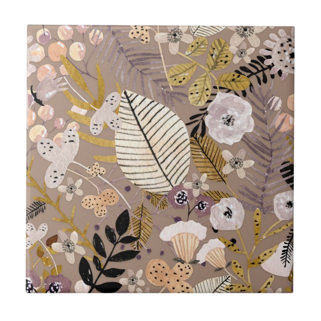 Boho Black White Gold Peach Line Drawn Leaf Floral Tile (Front)