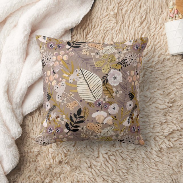 Boho Black White Gold Peach Line Drawn Leaf Flower Cushion (Blanket)