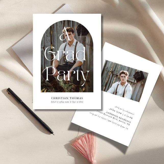Boho Black & White Modern 2 Photo Graduation Invitation (Creator Uploaded)
