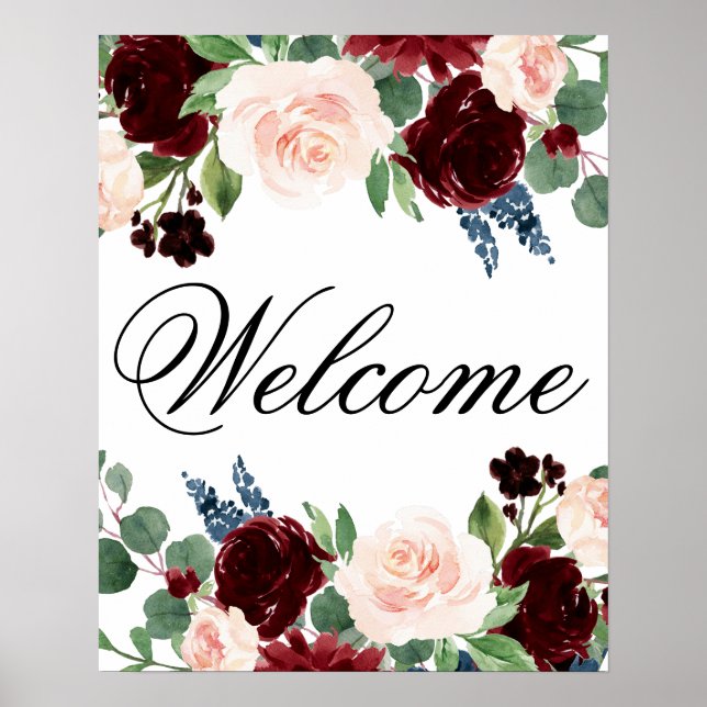 Boho Bloom | Burgundy and Navy Any Event Welcome Poster (Front)