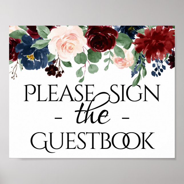 Boho Bloom | Burgundy and Navy Blue Guestbook Sign (Front)