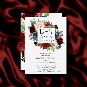 Boho Bloom   Burgundy and Navy Blue Photo Monogram Invitation