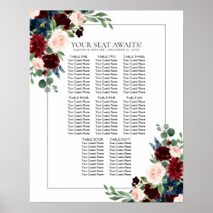 Boho Bloom Burgundy and Navy Blue Seating Chart