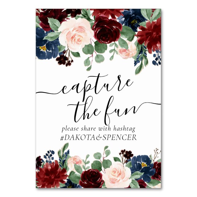 Boho Bloom | Burgundy and Navy Capture Our Love Table Number (Front)