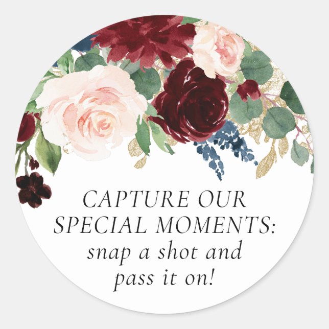 Boho Bloom | Burgundy and Navy Disposable Camera Classic Round Sticker (Front)