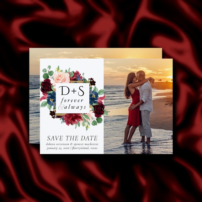 Boho Bloom | Burgundy and Navy Monogram 2 Photo Save The Date (Creator Uploaded)