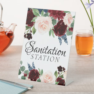 Boho Bloom   Burgundy and Navy Sanitation Station Pedestal Sign