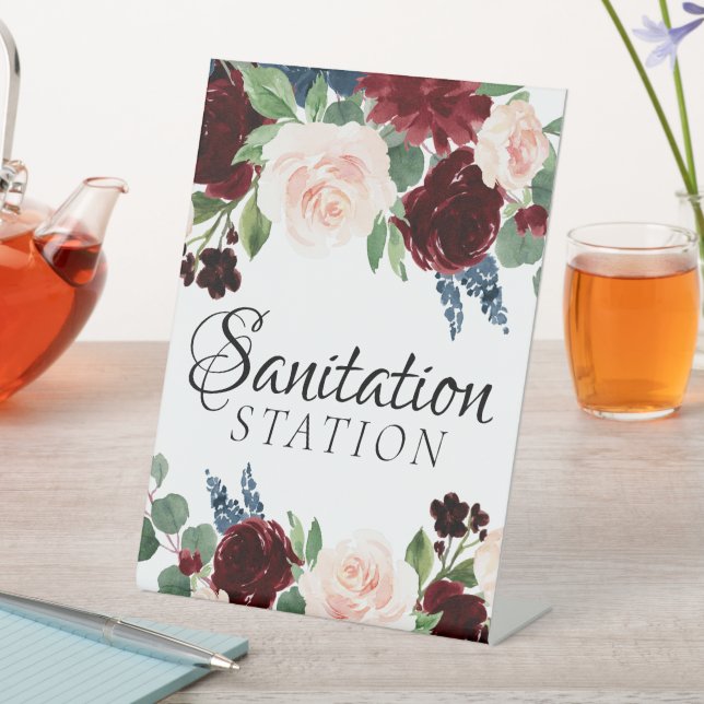 Boho Bloom | Burgundy and Navy Sanitation Station Pedestal Sign (In SItu)