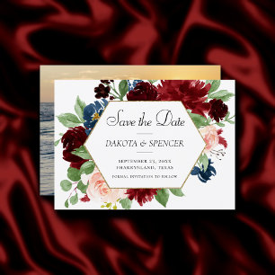 Boho Bloom   Burgundy Red and Blue Date Change Save The Date