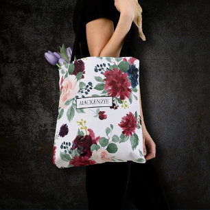 Boho Bloom   Burgundy Red and Navy Blue Bridesmaid Tote Bag