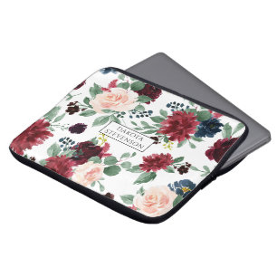 Boho Bloom Burgundy Red and Navy Blue Custom Laptop Sleeve