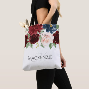 Boho Bloom   Burgundy Red and Navy Blue Custom Tote Bag