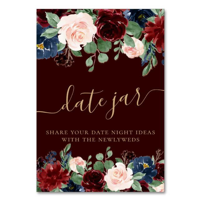 Boho Bloom | Burgundy Red and Navy Blue Date Jar Table Number (Front)
