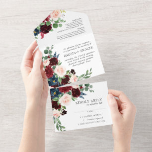 Boho Bloom Burgundy Red and Navy Blue Floral All In One Invitation