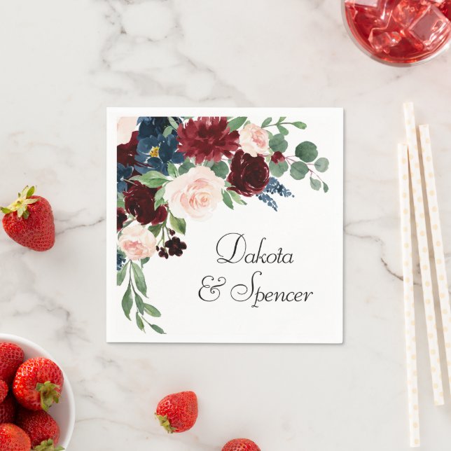Boho Bloom | Burgundy Red and Navy Blue Floral Napkin (Insitu)