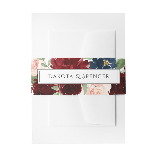 Boho Bloom | Burgundy Red and Navy Blue Garland Invitation Belly Band (Front Example)