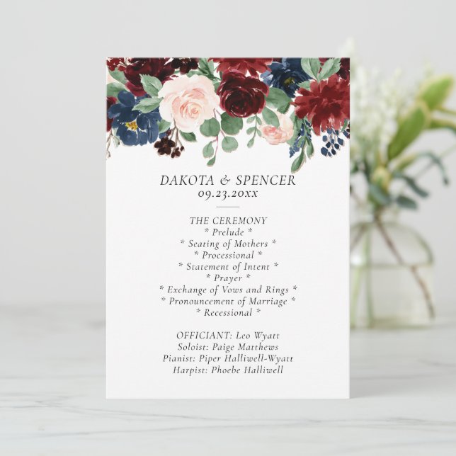 Boho Bloom | Burgundy Red and Navy Blue Garland Programme (Standing Front)