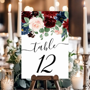 Boho Bloom Burgundy Red and Navy Blue Garland Table Number