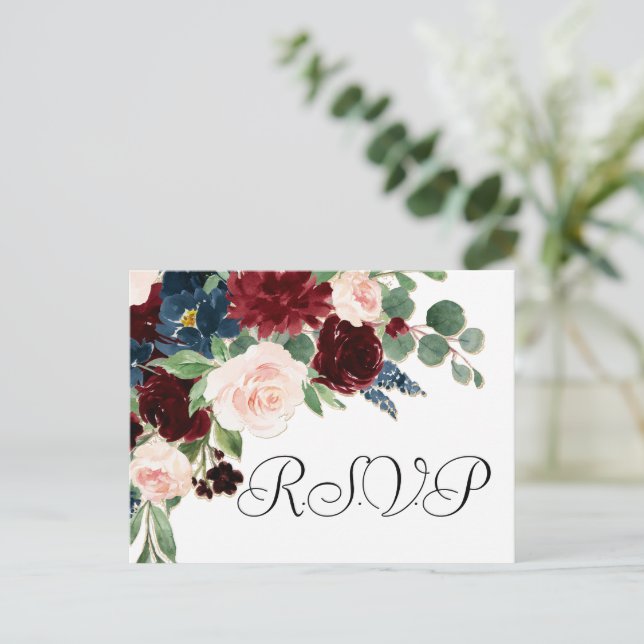 Boho Bloom | Burgundy Red and Navy Blue Meal RSVP Postcard (Standing Front)