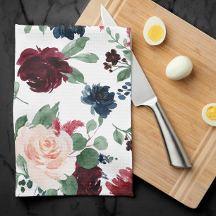 Boho Bloom   Burgundy Red and Navy Blue Pattern Tea Towel