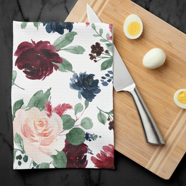 Boho Bloom | Burgundy Red and Navy Blue Pattern Tea Towel (Creator Uploaded)