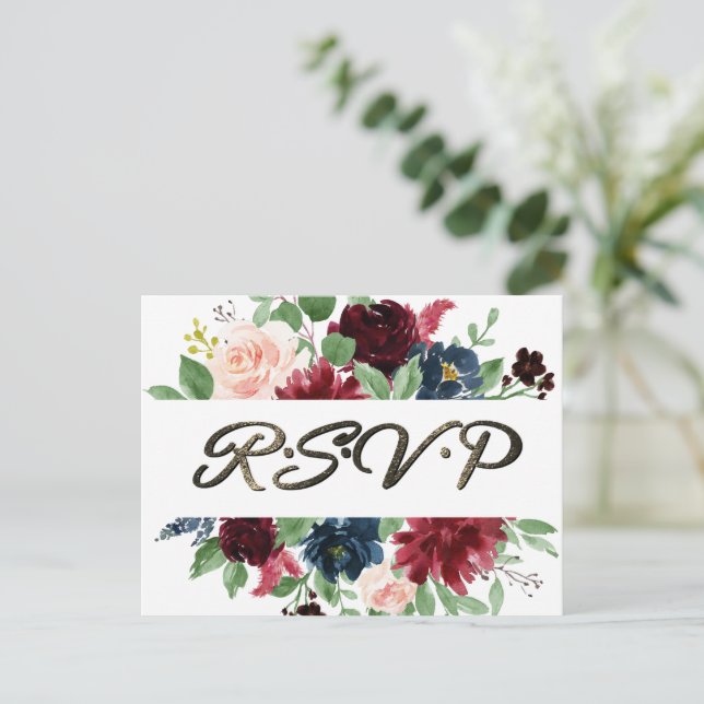 Boho Bloom | Burgundy Red and Navy Blue RSVP Meal Postcard (Standing Front)