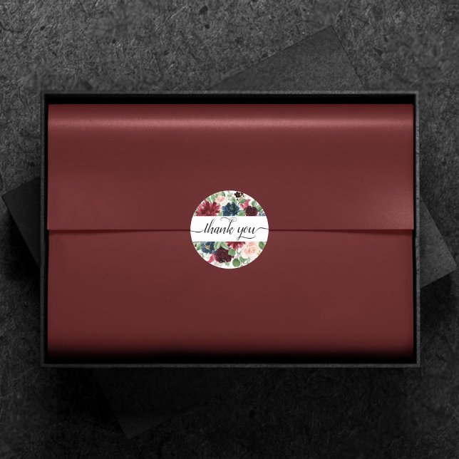 Boho Bloom | Burgundy Red and Navy Blue Thank You Classic Round Sticker (Creator Uploaded)