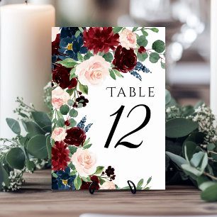 Boho Bloom   Burgundy Red and Navy Blue Wreath Table Number