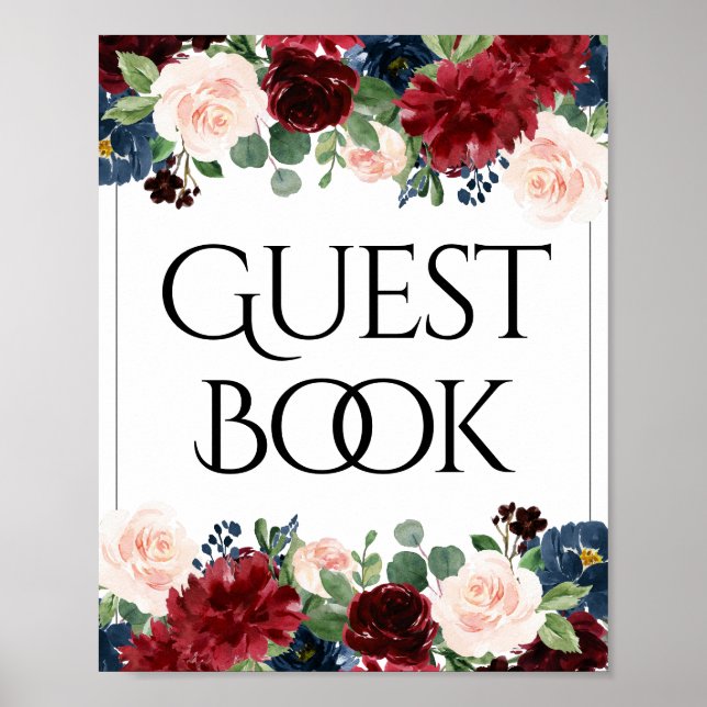 Boho Bloom | Burgundy Red and Navy Guestbook Sign (Front)
