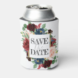 Boho Bloom   Burgundy Red and Navy Save the Date Can Cooler