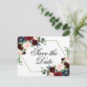 Boho Bloom   Burgundy Red and Navy Save the Date Postcard