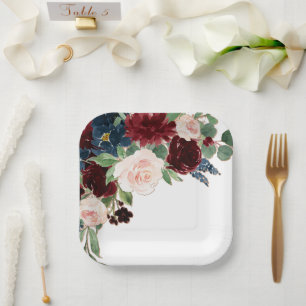 Boho Bloom   Burgundy Red Blush and Navy Blue Paper Plate