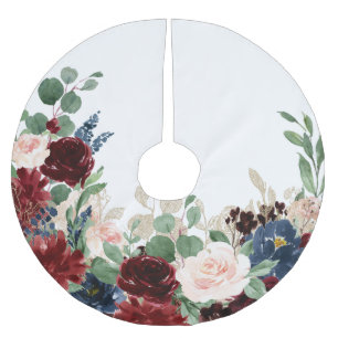 Boho Bloom   Burgundy Red Blush and Navy Pattern Brushed Polyester Tree Skirt