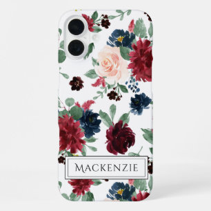 Boho Bloom   Burgundy Red Blush Navy Blue Monogram iPhone 16 Plus Case