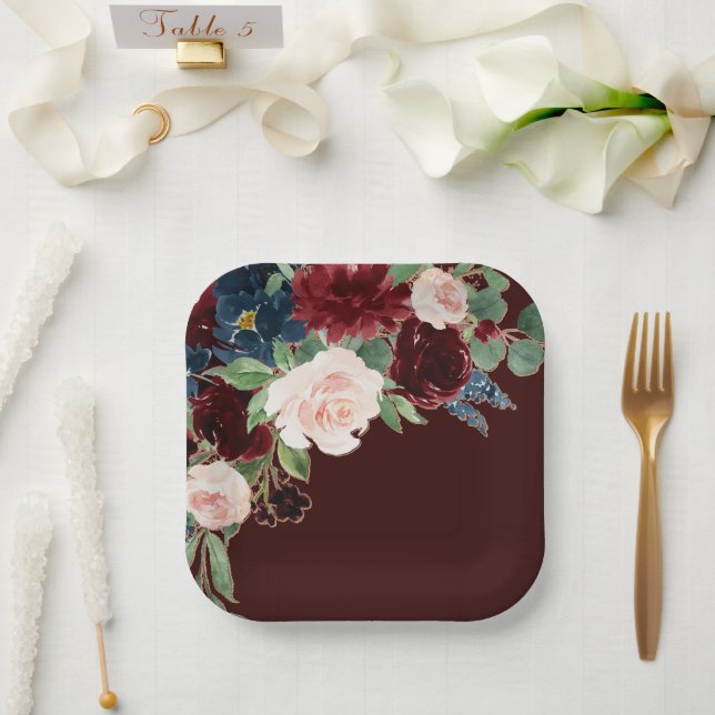 Boho Bloom | Dark Burgundy and Navy Blue Bouquet Paper Plate (Wedding)