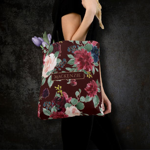 Boho Bloom   Dark Burgundy Blush and Navy Monogram Tote Bag