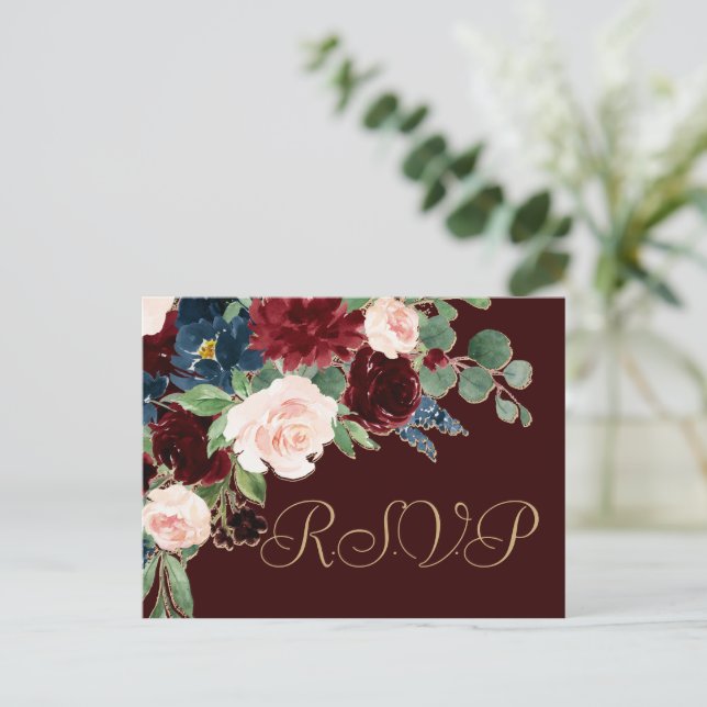 Boho Bloom | Dark Elegant Burgundy and Navy RSVP Postcard (Standing Front)