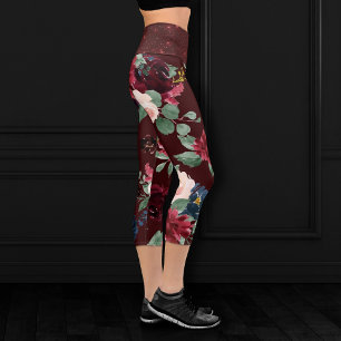 Boho Bloom Dark Elegant Red and Blush Shimmer Capri Leggings
