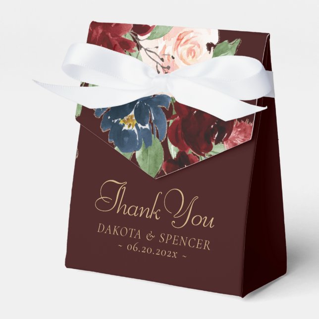 Boho Bloom | Dark Elegant Red and Navy Thank You Favour Box (Front Side)