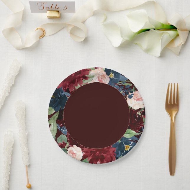 Boho Bloom | Dark Elegant Red Blush and Navy Blue Paper Plate (Wedding)